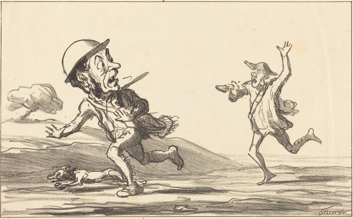 This is a drawing of two cartoonish figures. The figure on the left has an oversized head, bulging eyes, and a helmet; they are running towards the right with a startled expression. They are holding an object that resembles a large knife. Below this figure, a small dog is running. To the right, another figure with an elongated face and wearing a hat is shouting while raising one arm and holding an object in their other hand. The background consists of cloudy shapes and a barren landscape. The drawing style and expressions convey a sense of humor.