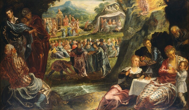 Dozens of men, women, and a few children gather in groups amid a grassy landscape with a mountain in the distance in this horizontal painting. All of the people have pale or ruddy skin and wear flowing cloaks over long tunics or gowns. Warm light from the upper left illuminates the two groups closest to us, which cluster along the left and right edges of the canvas. Each group is set against a dark background suggesting cave walls or rocky outcroppings. On our left, an elderly man sits with his back to us as he looks across this shoulder to our right. He wears an amber-brown robe with darker brown stripes, and a denim-blue boot on the foot we can see. His head is wrapped in a white turban, and his tan face is framed by a salt-and-pepper beard. Steel-blue fabric drapes across his hips. A man and woman stand just beyond him, facing us. The young, bearded, dark-haired man wears a gleaming sea-blue cloak over a burgundy-red garment. The woman is wrapped in a rust-red cloak and holds an infant close to her cheek. Along the right edge of the painting, two blond women and a young child gather around a table covered with a white cloth. The woman seated on the far side of the table wears a velvety, chocolate-brown gown with a white kerchief around her shoulders, and rose-pink fabric drapes across her lap. She faces us with her upper body turned to our right as she gazes up and to our right with one hand raised. A youth cradling a silver bowl filled with fruit stands behind her with his head also turned to look in the same direction. Along the rightmost edge of the canvas, a woman sits facing us, wearing a coral-red gown with one breast exposed along a low neckline. Blush-pink fabric patterned with teal-blue diamonds drapes over one shoulder and across her lap. She tilts her head to our right and gazes down at the child standing by her side. The child wears a silver-gray tunic and has closely cropped brown hair. The woman offers the child an orange fruit. An elderly, balding man with a long silver-gray beard and hair stands behind the woman, at the top of the group. His arms cross his chest while he bows slightly. Between the rocky outcroppings behind both groups, a grassy meadow stretches to a hazy blue mountain in the distance. A narrow stream runs across the painting just beyond the outcroppings. Several people at the far side of the stream flank a tall man with a long beard who stands facing us. He wears a full-length, brick-red robe with a black mantle draped over his head, across his arms, and down his back. A headdress over the mantle has peaks like a narrow crescent moon. To his right, our left, a man also wearing a red tunic and spruce-blue leggings bends down to place a gold circle or dish on a pile of other gold objects on the ground. Two women and two men stand clustered to his left, our right. The women wear blue-green robes, and the men have lead-gray cloaks. About twenty-five men and women along with two small children sitting on the ground create a band across the landscape beyond the group at the stream. They wear gold, aquamarine-blue, canary-yellow, and scarlet-red garments. To the left beyond this group, a crowd circles around a tall narrow structure supporting a gold-colored calf. The people look up at the animal while four women kneel in front, playing instruments. To our right, in the distance, four men and women sit around a cloth-covered table under a tent-like canopy. There are dishes on the table and a fifth person stands nearby, presumably serving the group. On a hill that rises steeply behind the tent, another group of four people recline in a similar canopied structure. At the center of the painting, between the tents and the group around the calf, a single bearded man with white hair walks toward our right in profile, the arm we can see extended. The landscape beyond the people has a lake lined with trees at the foot of the hazy mountain, which almost reaches the top of the composition. Finally, in the upper right corner, atop the rocky outcropping close to us, a person, seen from the waist down, kneels, wearing a rose-pink garment. Golden yellow flames flicker out around and behind the person.