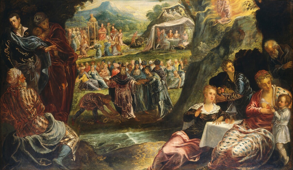 Dozens of men, women, and a few children gather in groups amid a grassy landscape with a mountain in the distance in this horizontal painting. All of the people have pale or ruddy skin and wear flowing cloaks over long tunics or gowns. Warm light from the upper left illuminates the two groups closest to us, which cluster along the left and right edges of the canvas. Each group is set against a dark background suggesting cave walls or rocky outcroppings. On our left, an elderly man sits with his back to us as he looks across this shoulder to our right. He wears an amber-brown robe with darker brown stripes, and a denim-blue boot on the foot we can see. His head is wrapped in a white turban, and his tan face is framed by a salt-and-pepper beard. Steel-blue fabric drapes across his hips. A man and woman stand just beyond him, facing us. The young, bearded, dark-haired man wears a gleaming sea-blue cloak over a burgundy-red garment. The woman is wrapped in a rust-red cloak and holds an infant close to her cheek. Along the right edge of the painting, two blond women and a young child gather around a table covered with a white cloth. The woman seated on the far side of the table wears a velvety, chocolate-brown gown with a white kerchief around her shoulders, and rose-pink fabric drapes across her lap. She faces us with her upper body turned to our right as she gazes up and to our right with one hand raised. A youth cradling a silver bowl filled with fruit stands behind her with his head also turned to look in the same direction. Along the rightmost edge of the canvas, a woman sits facing us, wearing a coral-red gown with one breast exposed along a low neckline. Blush-pink fabric patterned with teal-blue diamonds drapes over one shoulder and across her lap. She tilts her head to our right and gazes down at the child standing by her side. The child wears a silver-gray tunic and has closely cropped brown hair. The woman offers the child an orange fruit. An elderly, balding man with a long silver-gray beard and hair stands behind the woman, at the top of the group. His arms cross his chest while he bows slightly. Between the rocky outcroppings behind both groups, a grassy meadow stretches to a hazy blue mountain in the distance. A narrow stream runs across the painting just beyond the outcroppings. Several people at the far side of the stream flank a tall man with a long beard who stands facing us. He wears a full-length, brick-red robe with a black mantle draped over his head, across his arms, and down his back. A headdress over the mantle has peaks like a narrow crescent moon. To his right, our left, a man also wearing a red tunic and spruce-blue leggings bends down to place a gold circle or dish on a pile of other gold objects on the ground. Two women and two men stand clustered to his left, our right. The women wear blue-green robes, and the men have lead-gray cloaks. About twenty-five men and women along with two small children sitting on the ground create a band across the landscape beyond the group at the stream. They wear gold, aquamarine-blue, canary-yellow, and scarlet-red garments. To the left beyond this group, a crowd circles around a tall narrow structure supporting a gold-colored calf. The people look up at the animal while four women kneel in front, playing instruments. To our right, in the distance, four men and women sit around a cloth-covered table under a tent-like canopy. There are dishes on the table and a fifth person stands nearby, presumably serving the group. On a hill that rises steeply behind the tent, another group of four people recline in a similar canopied structure. At the center of the painting, between the tents and the group around the calf, a single bearded man with white hair walks toward our right in profile, the arm we can see extended. The landscape beyond the people has a lake lined with trees at the foot of the hazy mountain, which almost reaches the top of the composition. Finally, in the upper right corner, atop the rocky outcropping close to us, a person, seen from the waist down, kneels, wearing a rose-pink garment. Golden yellow flames flicker out around and behind the person.