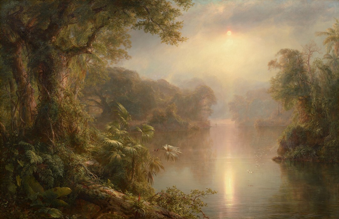 We look through a tropical forest lining a hazy, wide, placid river in this horizontal landscape painting. Densely packed trees, bushes, and plants create shadowed, thickly forested banks along both sides of the river. The trees are covered with climbing vines, and they have gnarled, sprawling branches. Light catches the flat leaves of a palm-like plant close to us to our left, and once we take a closer look, we find two minuscule black birds with cherry-red chests perched on a long curving stem. The vegetation is reflected in the water’s surface into the distance, where it becomes pale mauve-pink and blends imperceptibly with the sky and clouds. A flock of white birds create a long line low over the water to our right. The sun is a small disk of white low in the humid sky amid pale lavender-purple clouds. The sun reflects in the calm surface of the water below, and it brings our attention to a person rowing a canoe, barely visible on the river in the deep, misty distance.