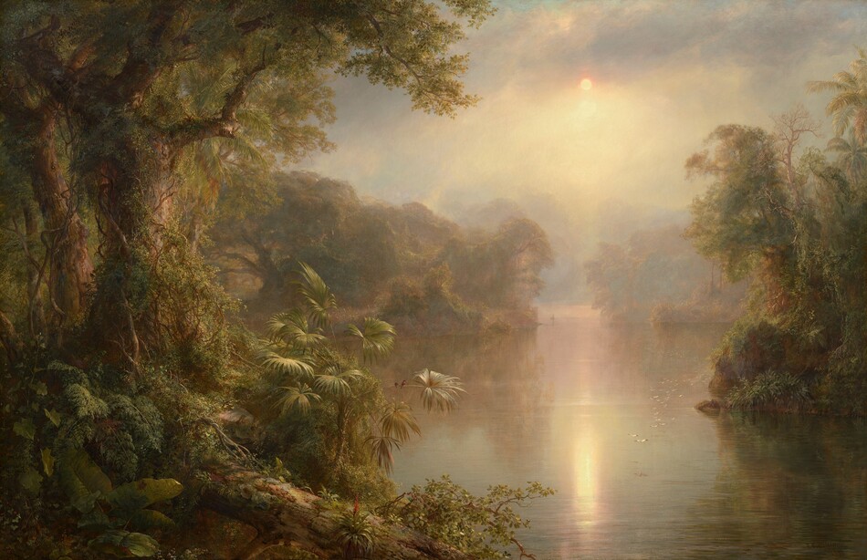 We look through a tropical forest lining a hazy, wide, placid river in this horizontal landscape painting. Densely packed trees, bushes, and plants create shadowed, thickly forested banks along both sides of the river. The trees are covered with climbing vines, and they have gnarled, sprawling branches. Light catches the flat leaves of a palm-like plant close to us to our left, and once we take a closer look, we find two minuscule black birds with cherry-red chests perched on a long curving stem. The vegetation is reflected in the water’s surface into the distance, where it becomes pale mauve-pink and blends imperceptibly with the sky and clouds. A flock of white birds create a long line low over the water to our right. The sun is a small disk of white low in the humid sky amid pale lavender-purple clouds. The sun reflects in the calm surface of the water below, and it brings our attention to a person rowing a canoe, barely visible on the river in the deep, misty distance.