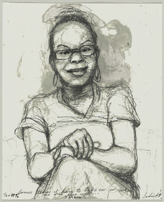 The image is a drawing of a woman from the waist up. She is sitting upright with her arms crossed over her abdomen and one hand visible resting near her waist. The woman's face has a slight smile and she wears glasses. Her hair is styled up and away from her face. She is wearing a short-sleeved top and hoop earrings around her ears. The background is simple and unadorned with soft, shaded areas.