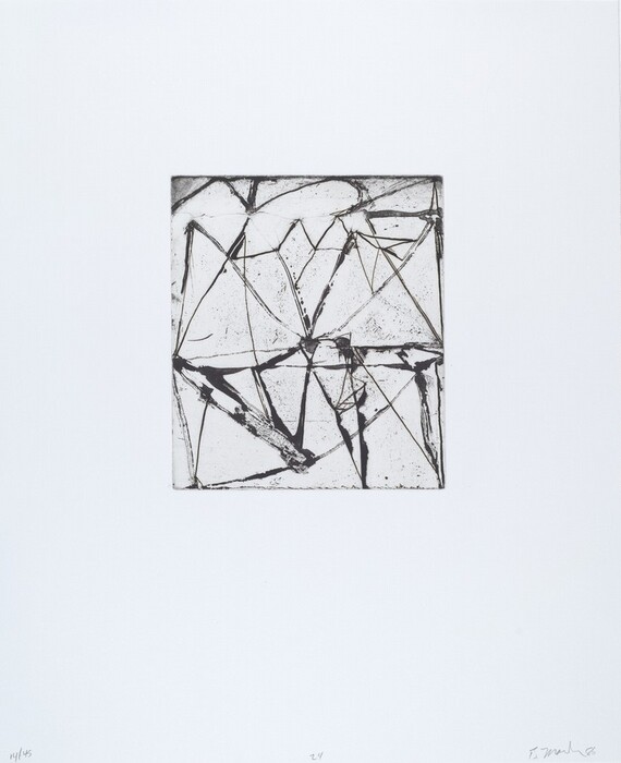 The image displays intersecting lines and geometric shapes, mainly triangles, within a square frame. The abstract composition forms a crisscross pattern resembling a shattered piece of glass or a network of spiderwebs. The lines overlap randomly, creating a fragmented landscape appearance with dark lines resembling rivers or roads on an irregular terrain.