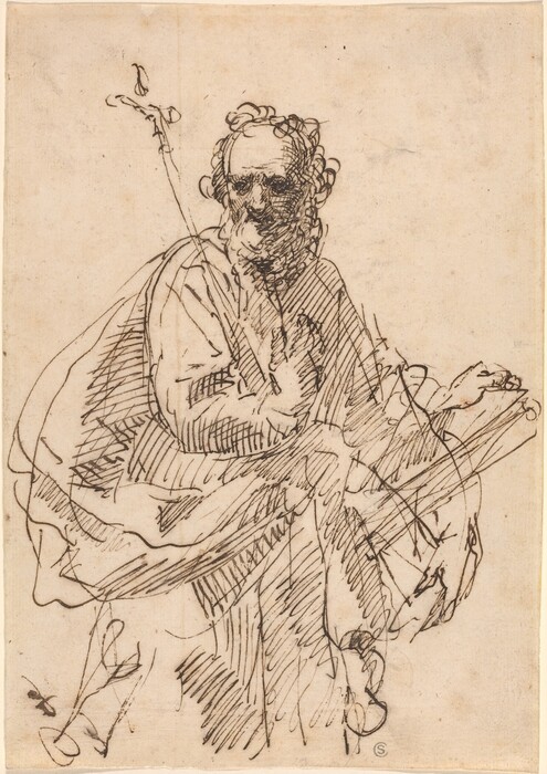 The image is a sketch of a person from the torso up, seated and turned slightly to the right. The facial features, beard, and hair are depicted with lines and shading. The clothing is loosely drawn with flowing lines. The individual holds a stick or staff in one hand and rests their other arm on something. The background is plain.