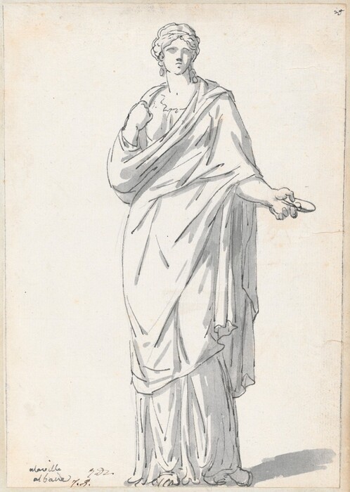 The image shows a full-body sketch of a person standing upright. The person is positioned with their weight slightly shifted to one side, with the right arm bent, holding a thin, elongated object. The left hand is clenched in a fist at chest level. The facial features are classicized, with a calm expression, and the head has wavy hair styled back. The figure is wearing draped clothing, reminiscent of classical attire, and circular earrings. The background is plain.