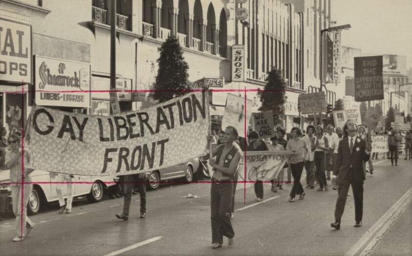 Title from caption on object: “Homosexuals Parade down Hollywood Boulevard”