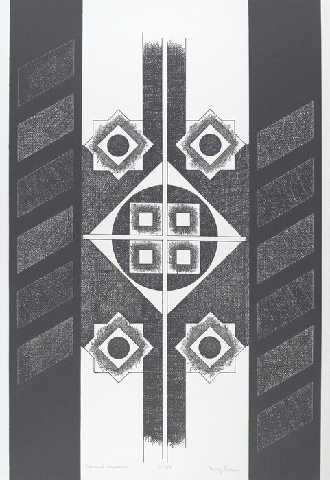 The image displays symmetrical geometric shapes and lines, including diamond shapes, concentric circles, and a central circular motif divided by intersecting lines. Broad black vertical bands frame the sides, while within the central vertical axis, symmetrical diamond configurations mimic the appearance of a stylized chain or path, creating an intricate and balanced design. On either side, diagonal, textured rectangles contribute to the layered and patterned look.