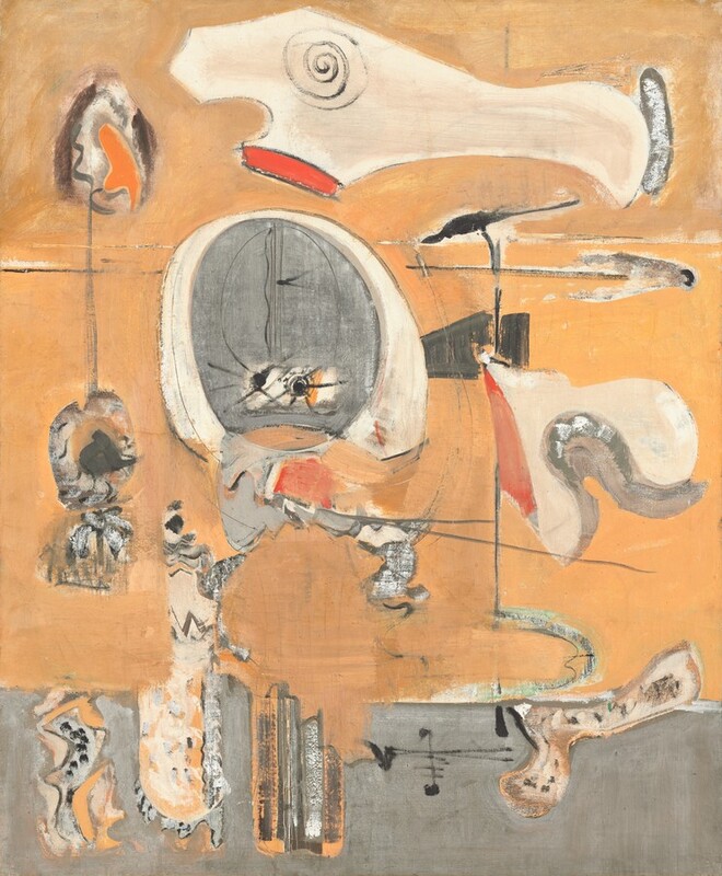 Disjointed, pale-peach and gray objects, perhaps body parts, float against a muted orange background with a strip of nickel gray at the bottom, suggesting a floor, in this vertical, abstract painting. Most of the objects have rounded edges, some lined with red. What might be a foot and leg from below the knee lies on the ground in the lower right corner. A few gray lines connect some of the objects on the orange background.