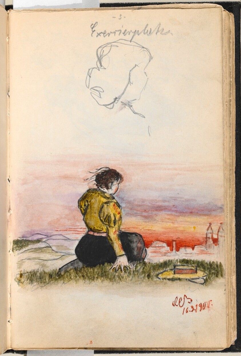 Girl on a Hillside Looking toward a Town