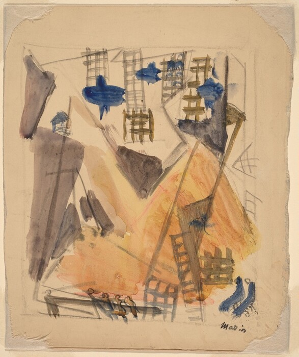 The image contains intersecting lines and geometric shapes scattered throughout the space, creating an abstract arrangement. There are elements resembling ladders and chairs, alongside splotches of blue. The backdrop features soft washes of orange and beige tones, reminiscent of a mountainous landscape, adding depth to the artwork. Each element appears to float independently, contributing to the overall sense of an abstract assembly where everyday objects emerge from familiar forms but do not settle into a definitive narrative.