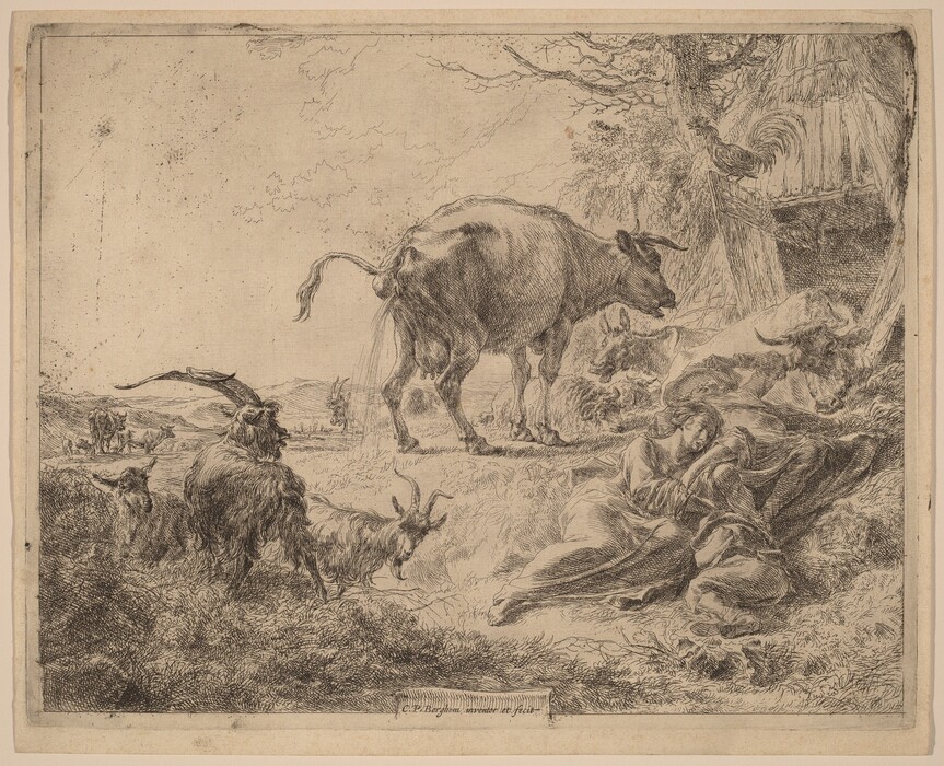 The image shows an etching depicting a scene with goats grazing, a cow in the center, distant hills, trees, and figures resting against a tree. The composition is divided into various planes, with detailed line work used to render the animals, landscape, and figures. The color palette is primarily shades of brown, typical of etchings focused on light, dark, contrast, and linework.