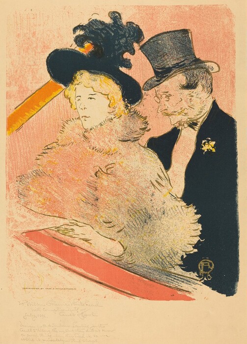 The image depicts a woman and a man from the waist up in a side-by-side position. The woman on the left is in three-quarter profile, wearing a large, dark, feathered hat and a voluminous fur coat. Her hair is styled in soft waves visible from beneath the hat. The man on the right is in profile, wearing a formal suit with a top hat, a bow tie, and a boutonniere on his lapel. The image has a pinkish background and includes a visible signature or monogram, along with a handwritten inscription.