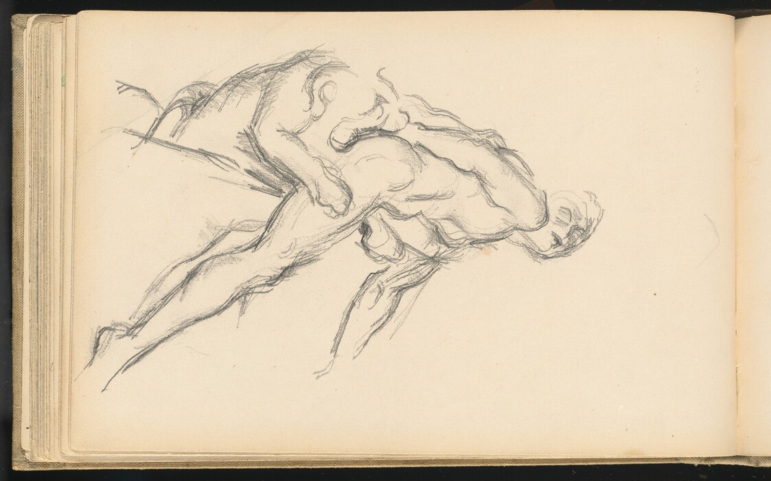 The image is a pencil sketch of two human figures engaged in a wrestling pose. Both figures appear to be male and are fully visible in a dynamic stance. One figure is leaning over the other, gripping or supporting the other's torso. The focus is on their muscular forms, with detailed contours of their limbs and torsos. Facial features are minimally detailed. The figures are depicted without clothing or visible hair. There are no jewelry or objects in the sketch. The background is plain, consisting only of the texture of the blank paper, emphasizing the focus on the figures' interaction.