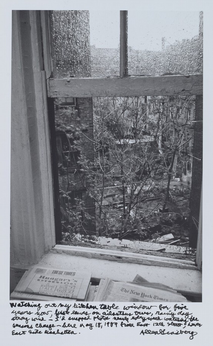 Watching out my kitchen table window for five years now, first leaves on ailanthus trees, rainy day strong wind—I’d snapped photos nearly every week watching the seasons change—here May 18, 1989 from East 12th Street, Lower East Side Manhattan.