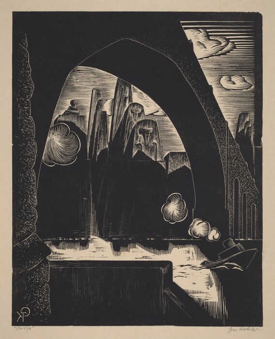 The image shows a landscape viewed through an arched structure. The scene is depicted in a printmaking style, potentially using a linocut or woodcut technique. The horizon is in the center of the arch, featuring tall rock formations that reach into the sky. The marks are bold and expressive, highlighting the texture of the rocks and clouds. The color scheme is monochromatic, mainly black and white, emphasizing contrast. Close to us, there is an arch outline with a hat-like object in the lower right corner. In the distance, light and shadow on the rocks and clouds add to the dramatic effect.