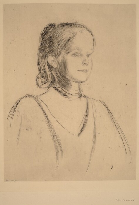 The image is a portrait drawing of a person's upper body, depicted in a three-quarter view facing slightly to the right. The facial features are delicately sketched with a softly curved jawline and a serene expression. The hair is stylized with wavy strands tied back at the head. The clothing is simple with minimal lines indicating a round neckline. There are no visible jewelry or objects. The background is plain.