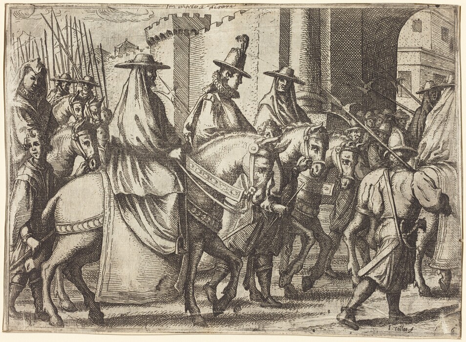 This is a drawing of a procession of figures on horseback. The scene portrays several horses and riders in a formal and ordered procession. The riders are wearing wide-brimmed hats and cloaks. The horses are well-detailed, with their bridles and reins distinctly drawn. Surrounding the riders are other figures, some marching on foot. In the background, a structure with arched openings sets the location as a structured environment. The style of the drawing exhibits fine line work, attention to intricate details, and a sense of age.