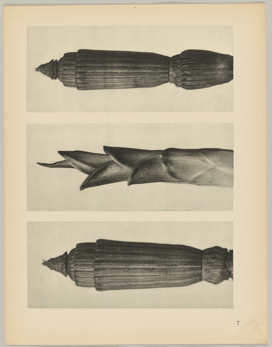 This is a photograph of three wooden architectural elements or carvings. The image is presented in black and white and shows three distinct components laid out horizontally in three rows. The top and bottom elements feature fluted, cylindrical designs with cone-shaped terminations. The middle element has a twisting, unfolding structure resembling a plant or flower bud. The photograph captures the texture and craftsmanship of the wood, showcasing intricate patterns and smooth surfaces.