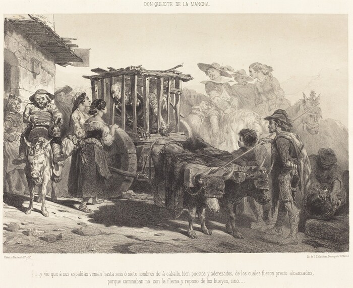This is a drawing illustrating a scene from "Don Quixote de la Mancha." The image shows a group of people interacting with a caged figure on a cart, surrounded by various animals like donkeys and horses. In the foreground, two women stand near the wooden wheels of the cart, which carries a figure locked inside a makeshift cage made of sticks. Next to them, a man sits on a donkey, while another person carries a bundle. Figures on horseback are visible behind the cart, adding depth to the scene. In the background, hazy mountainous terrain enhances the rustic quality of the drawing. Intricate detailing, such as shading and expressions, adds a dynamic element to the narrative.