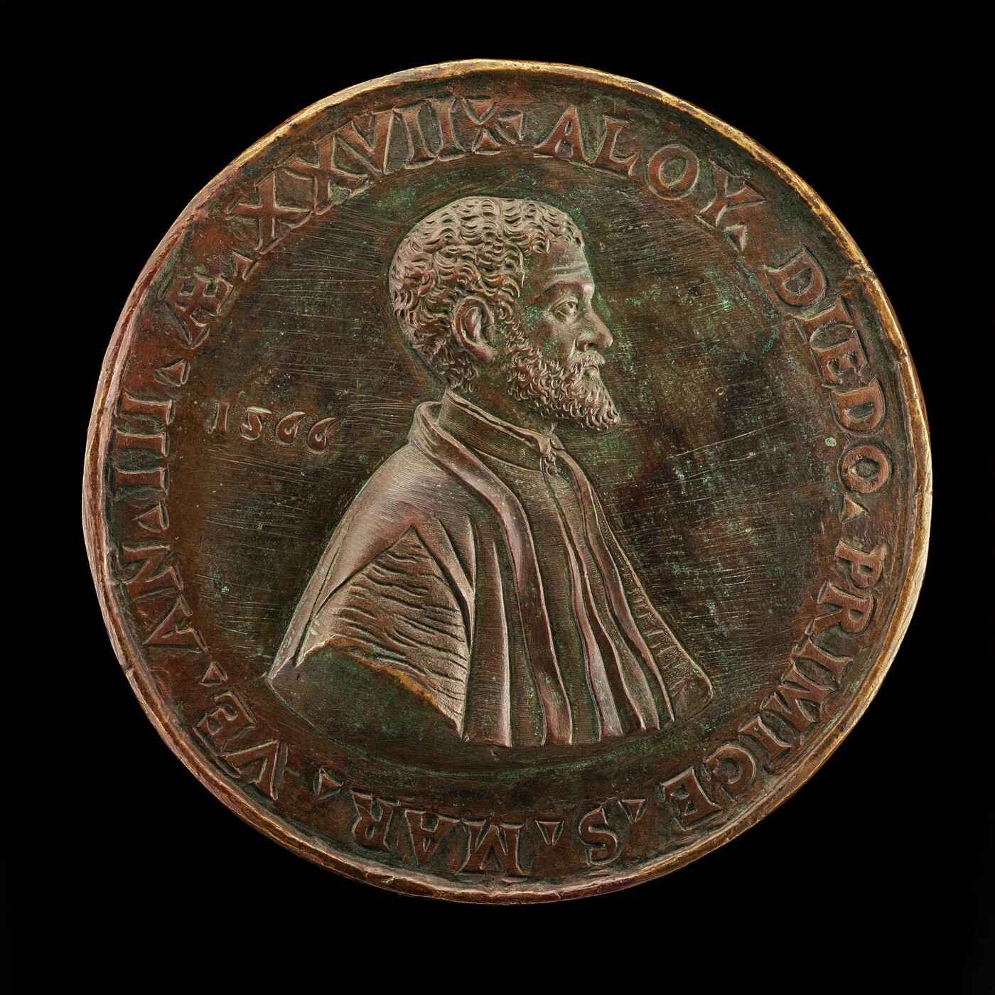 The image shows a circular bronze medal with a profile portrait of a man with curly hair and a beard, wearing a high-collared garment and draped mantle. The medal has a bronze finish with darker patina in certain areas. An inscription encircles the portrait, and the year "1566" is etched on the left side. The craftsmanship displays detailed engraving and a play of light on the metal surface.