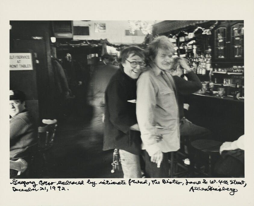 Gregory Corso embraced by intimate friend, The Bistro, Jane & W. 4th Street, December 21, 1992.