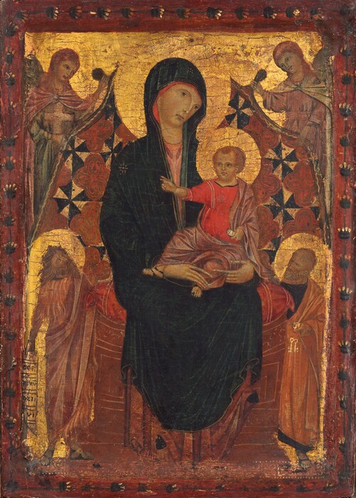 A woman and child sit on a throne against a shiny gold background in this vertical panel painting. Two winged angels in the upper corners and two men in the lower corners are about half the size of the woman and child. They all have pale skin with pink cheeks and gold halos. The woman’s head tilts to our right, and she looks off over our right shoulder with hazel eyes. She has a narrow nose, and her lips are set in a line. Her brows angle downward and her chin pulls back, creating a slightly distorted triangular face. A marine-blue mantle covers her head and wraps around a blush-pink robe. The child sits upright with his body facing us and his head turned to look to our left. He has short, light brown hair with light brown eyes, and he wears a scarlet-red robe with a dusty rose-pink mantle draped over one shoulder and across his lap. He points to our left with one hand and holds a white scroll lined with black in the other. They sit on a wide, rust-red seat with a tomato-red cushion. The angels in the upper corners hold up a cloth patterned with garnet-red flowers and black and gold pinwheels behind the pair. The angel on the left wears a muted pink cloak over a sage-green robe, and the other angel wears a bone-white cloak over pink. The two men standing in the lower corners look up at the woman and child. The man on the left has long brown hair and beard and wears a muted pink robe over a long, furry garment. He holds a long scroll in his right hand, on our left. The abbreviated writing on the scroll reads, “ECE AGNU DEI: UI.” The man in the lower right is balding and has a gray beard. He wears an orange cloak wrapped around a dark blue robe. Two gold keys hang on red thread in his left hand, on our right. The panel has a wide, cranberry-red border decorated with black and gold stylized flowers and vines.