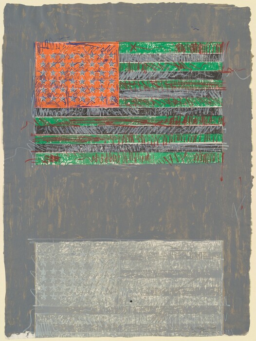 The image features a series of horizontal lines and a rectangle filled with star shapes at the top left corner. The flag consists of green and black stripes with a red rectangle in the upper left containing a pattern of blue stars. Below, a more subdued version mirrors the form with tones of gray and white. The composition is set against a textured gray background.