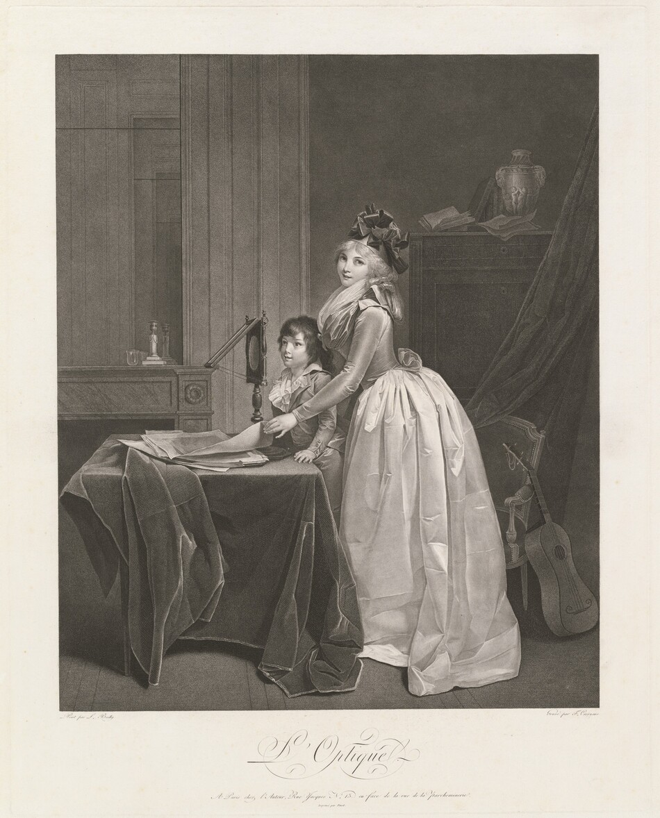 Printed with soft gray and black on cream-white paper, a woman and young boy stand in front of a square table set with papers and a looking device in this vertical etching. The boy and woman stand angled to our left at the center of the composition, and both have wide-set eyes and delicate noses. Both smile with bow-shaped lips. The woman turns her face to look at us. Long hair is partially arranged in bands of curls under her hat, which has elaborate bows. The bodice of her dress fits tightly on the long sleeves and to the narrow waist, and fabric is gathered and tucked into the puffy neckline. Her skirt flares out at the waist and falls in deep, crinkling folds to the ground. The woman reaches across the boy to hold the corner of one sheet of paper in the stack on the table. The boy has shaggy, dark hair, and he looks at the device. He wears a jacket over a ruffled shirt. The hand we see rests on the edge of the velvety cloth covering the table. The wooden device is on a stand with turned knobs like a candlestick. A vertically oriented rectangular panel frames a round window. A second panel hinges from the top edge of the first to angle up and to our left, presumably reflecting or mirroring images on the papers below. A brass and stone candlestick and a glass cup sit on a brown stone mantle behind the table to our left. Those objects and the paneling of the room behind us are reflected in a mirror over the mantle. A stringed, guitar-like instrument leans against one arm a chair standing just behind the woman’s legs. A curtain hangs from the top right corner of the sheet to drape across the back of the chair and partially cover a high wooden chest. An open book, a closed book, papers, and urn are arranged against the dark wall atop the chest. Text printed in cursive under the lower left image of the image reads, “Peint par L Boillly.” Text to the right reads, “Gravé par F. Cazenave.” The title, “L’Optique,” is printed among curlicues in the center of the lower margin, and beneath that text reads, “A Paris chez l’Auteur, Rue Jacques No. 13. en face de la rue de la Parcheminerie. Imprimé par Finot.”