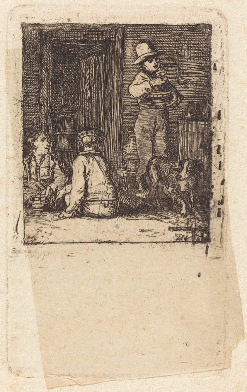 Interior with Three Boys and a Dog