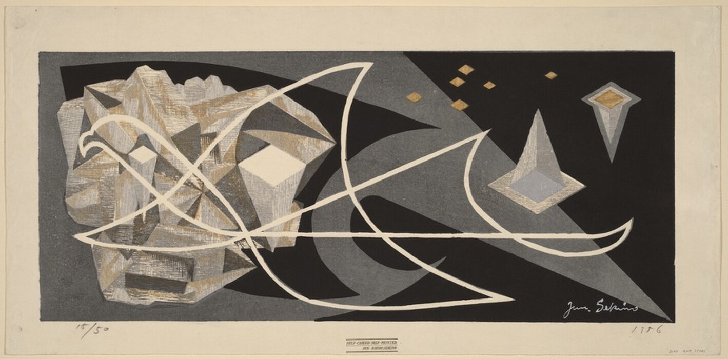 The image displays intersecting curves and angular shapes on a dark background. Sinuous lines weave through the space, with geometric forms overlapping and interacting with pointed structures. The juxtaposition of linear and angular elements creates a visual rhythm.