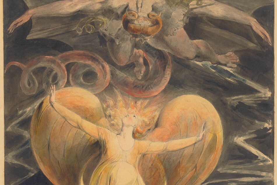A winged woman, painted with tones of pale and butter yellow, kneels on a rock and looks up at a winged, horned creature with steel-gray skin and a curling tail flying above her in this vertical, graphite and watercolor work on paper. The woman, her body facing us, takes up most of the bottom half of the composition, and the winged creature the top half. The woman’s long blond hair flies up around her upturned face like stylized rays of sunlight. Her arms are spread wide, wrists flexed so her palms face out, and her pale, apricot-colored wings curve up over her shoulders and tuck behind her in a heart shape. She rests on a crescent moon with the tips pointing upward, which, in turn, rests on a gray, squared rock. Mirroring her pose but flying so his body faces downward as his feet point away from us, the creature above the woman has a muscular, humanoid physique. His long tail curls to our left in three loops, and is shaded with pale maroon red. Ram’s horns curve up from inside a golden crown encircling the top of his head, which faces us. Upon closer inspection, several faces, drawn with graphite and filled with nickel-gray watercolor, are connected around the creature's neck and also look down in profile onto the woman. The profiles overlap and some of the heads have moss-green, curling horns. The tips of the flying creature's outstretched fingers and arms nearly touch the sides of the paper and his light, rose-colored bat-like wings extend off both sides and the top of the composition. The background behind the pair is dark gray with white zigzagging lines to the left and right of the woman. Faces also emerge from the ground, looking up from the lower right corner. The artist signed his initials in black paint near the lower left: “WB.”