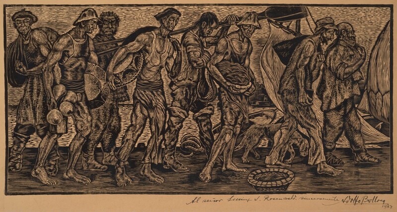 Printed with bold black lines against tan-colored paper, eight men and a dog walk in a loose line from left to right in this long, horizontal woodcut. The men carry baskets, bundles, sacks, a shovel, and a rope. Most wear sleeveless shirts and long or short pants. Four are barefoot, and four wear boots or their feet are wrapped in cloth. Closely spaced, the mostly curved lines of the men's clothing, muscled arms, drawn faces, and hatching across the background create a dense pattern over the entire surface. An inscription in pen is written in cursive across the bottom margin: "Al senior Lessing J. Rosenwald sinceramente Adolfo Bellocq 1927."