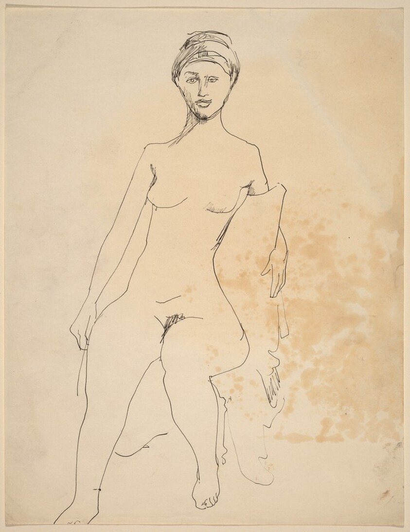 Frontal Nude Seated on a Fabric Draped Chair