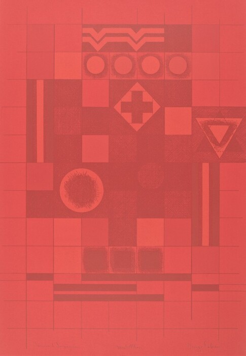 The image displays geometric shapes and lines, mainly squares, circles, and triangles, arranged in a grid-like pattern. The artwork features a red color palette with variations in tones creating contrasts among the shapes. At the top, there are magenta wavy lines contrasting against a row of round circles, while a diamond in the center with a cross resembles a typical road sign. To the right, an inverted triangle with a darker inner triangle might evoke the idea of an arrow or a funnel. Several smaller squares and rectangles are distributed throughout the artwork, with some containing textures that could remind one of fabric patterns or brick surfaces.