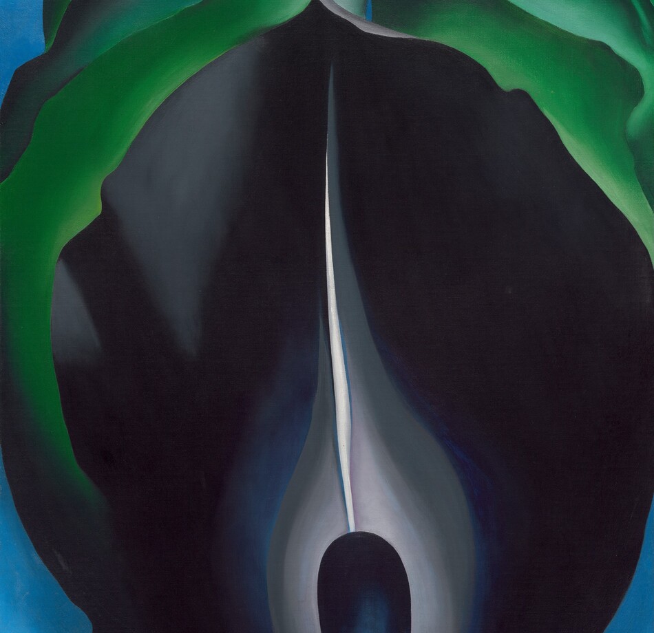An abstracted painting of a roughly oval-shaped jack-in-the-pulpit flower fills this vertical composition with cool, saturated blues, grays, and greens. A royal-blue elongated, rounded core at the bottom center is surrounded by a pale gray flame-like shape. Petals flare outward and up around the core to reach toward the sides and top of the canvas. A thin white line extends upward from the top center of the core to meet the pointed tip of the unfurling, innermost midnight-blue petal. Layers of green, reminiscent of leaves, curl outward around the top half of the flower. Pale blue in each of the four corners creates the impression of a background behind the flower, and fades to white at the top corners.