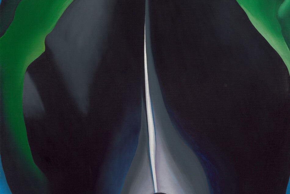 An abstracted painting of a roughly oval-shaped jack-in-the-pulpit flower fills this vertical composition with cool, saturated blues, grays, and greens. A royal-blue elongated, rounded core at the bottom center is surrounded by a pale gray flame-like shape. Petals flare outward and up around the core to reach toward the sides and top of the canvas. A thin white line extends upward from the top center of the core to meet the pointed tip of the unfurling, innermost midnight-blue petal. Layers of green, reminiscent of leaves, curl outward around the top half of the flower. Pale blue in each of the four corners creates the impression of a background behind the flower, and fades to white at the top corners.