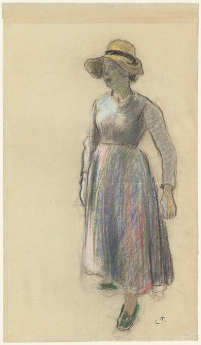 The image shows a woman standing. She is slightly to the right, looking downward with her face in profile. The woman has a soft complexion, indistinct facial features, and her hair is tucked under a wide-brimmed hat. She is wearing a long dress with muted pastel colors and long sleeves, along with dark shoes that seem greenish. The background is plain.