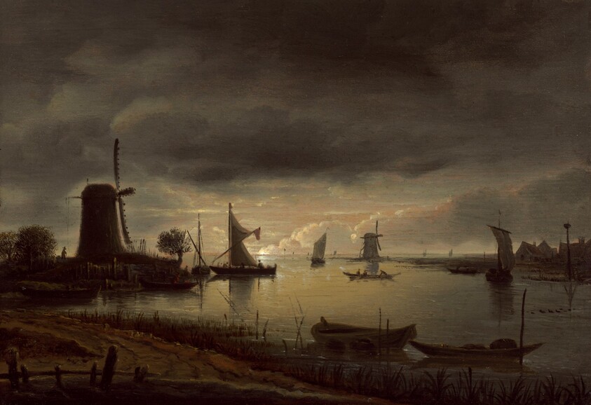 River Scene with Windmill and Boats, Evening