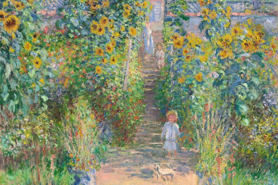 A small child stands facing us on a sun-dappled path that runs up the center of a garden dominated by towering yellow and burnt-orange sunflowers in this loosely painted, vertical scene. The light comes from our right so long, sea-green and plum-purple shadows cross the peach-colored path. The path is wide at the bottom center of the canvas and narrows as it reaches the steps of a house, beyond the garden. Close to us, four blue and white porcelain urns line the path, separating it from the grassy banks to either side. The urns are filled with tall stems with coral-pink and cardinal-red flowers. The child stands about halfway back along the path, where the garden transitions from grass to the banks of tall sunflowers. A few strokes in front of the child could be a small dog. Behind the child, a woman and another child stand on the steps. The woman wears a cornflower-blue and white dress, while both children have bare legs and wear white clothes and yellow hats. All three have indistinct facial features and peach-colored skin. The house spans with width of the composition. It has an amethyst-purple roofline with two chimneys, and the petal-pink walls have mango-yellow highlights. Windows are covered with blue latticework. Above the house, fluffy white clouds float against a vibrant blue sky. The artist signed and dated the painting at the lower right in dark blue, “Claude Monet 80.”