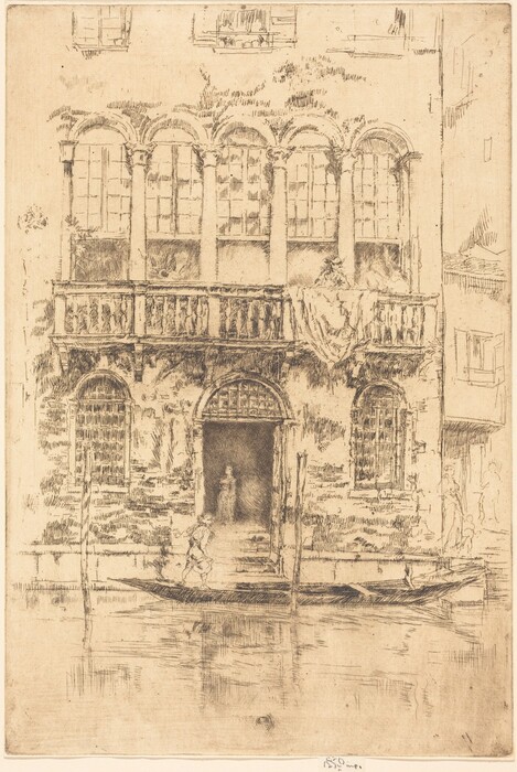 The image depicts a building next to a canal in Venice. The point of view is from the canal, facing the building. There is no visible horizon line. The intricate architectural details such as balconies, arched windows, and walls are shown with delicate lines. The scene is in sepia tones, giving it a vintage look. There is a figure in a gondola near the building, and another figure further back. The style resembles an etching, with fine linework showing the building and its reflection on the water.
