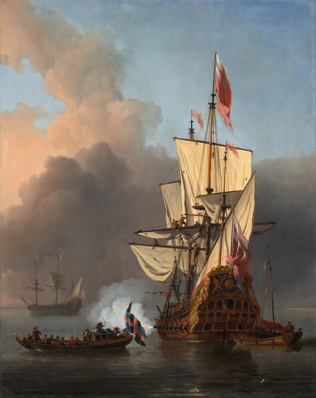 A three-masted warship against a sky piled with clouds fills most of the right half of this vertical painting. The cream-white sails are bright in the sunlight, and tiny deckhands work along the horizontal yards and along the rigging. The flat stern faces us and is decorated with a rearing lion and unicorn on either side of a shield among gold molding. Eight hatches along the port side of the ship are lifted, and smoke shoots out of one of the cannons poking through the openings. Six men row a boat carrying seven more men to the left. A large flag fluttering from the stern has a red and white cross on a blue field. A single-masted sailboat with its red sail furled has pulled up to the stern of the warship, and three people work there. Another warship with sails partially raised floats in the hazy background to the left. The horizon comes about a quarter of the way up the composition, and clouds shaded with muted peach and lavender-tinted gray fill the sky along the horizon and break along the top third of the painting. Minuscule in scale, two white and black birds fly low to the water near the lower right corner of the painting. The artist signed and dated the painting as if he had inscribed a piece of driftwood near the birds: “W. V Velde In Londen 1673.”