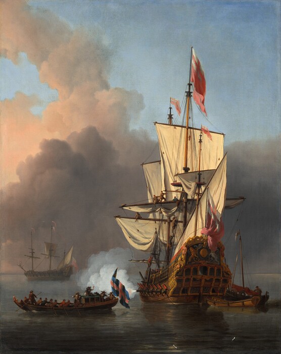 A three-masted warship against a sky piled with clouds fills most of the right half of this vertical painting. The cream-white sails are bright in the sunlight, and tiny deckhands work along the horizontal yards and along the rigging. The flat stern faces us and is decorated with a rearing lion and unicorn on either side of a shield among gold molding. Eight hatches along the port side of the ship are lifted, and smoke shoots out of one of the cannons poking through the openings. Six men row a boat carrying seven more men to the left. A large flag fluttering from the stern has a red and white cross on a blue field. A single-masted sailboat with its red sail furled has pulled up to the stern of the warship, and three people work there. Another warship with sails partially raised floats in the hazy background to the left. The horizon comes about a quarter of the way up the composition, and clouds shaded with muted peach and lavender-tinted gray fill the sky along the horizon and break along the top third of the painting. Minuscule in scale, two white and black birds fly low to the water near the lower right corner of the painting. The artist signed and dated the painting as if he had inscribed a piece of driftwood near the birds: “W. V Velde In Londen 1673.”
