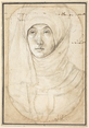 Shown from the chest up, a woman’s body faces us as she looks slightly off to our left in this vertical drawing. Her face and features are shaded in detail with white highlights that suggest pale skin. She has round eyes with heavy lids under lightly raised brows, a straight nose, and full lips in an oval-shaped face. Her headdress wraps around her neck and head and falls over her shoulders. She is enclosed by a drawn frame with rounded corners at the top and a curved bottom. The artist’s initials are partially visible within the frame near the lower right, “H.H.” Ink writing was added to a few areas of the drawing or has transferred from another page to this image.