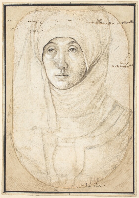 Shown from the chest up, a woman’s body faces us as she looks slightly off to our left in this vertical drawing. Her face and features are shaded in detail with white highlights that suggest pale skin. She has round eyes with heavy lids under lightly raised brows, a straight nose, and full lips in an oval-shaped face. Her headdress wraps around her neck and head and falls over her shoulders. She is enclosed by a drawn frame with rounded corners at the top and a curved bottom. The artist’s initials are partially visible within the frame near the lower right, “H.H.” Ink writing was added to a few areas of the drawing or has transferred from another page to this image.