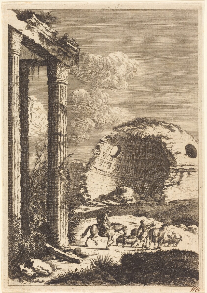 Shepherds Traveling past a Ruined Rotunda