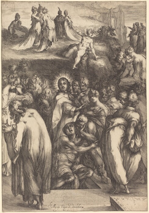 The image is an engraving featuring numerous figures in various positions and interactions. One central figure is depicted with flowing garments and a halo-like radiance around their head. The other individuals are shown in different poses and expressions, with curly or wavy hair and wearing classical draped robes. Some figures appear to be supporting each other, and in the background, there are clusters of people and mythical beings on raised ground, with architectural and landscape elements adding detail to the scene.