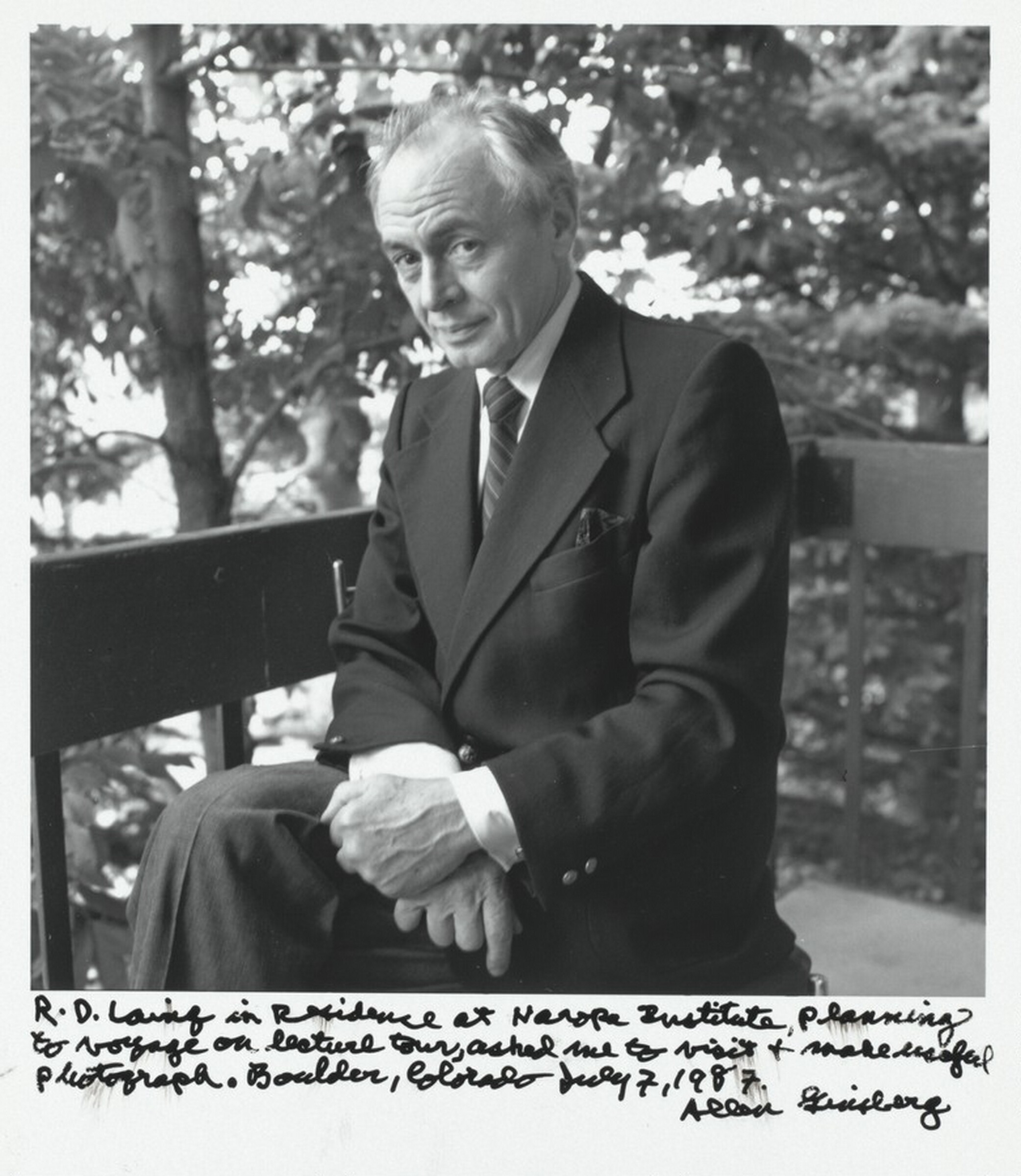 R.D. Laing in residence at Naropa Institute, planning to voyage on lecture tour, asked me to visit and make useful photograph. Boulder, Colorado July 7, 1987., Allen Ginsberg, 1987