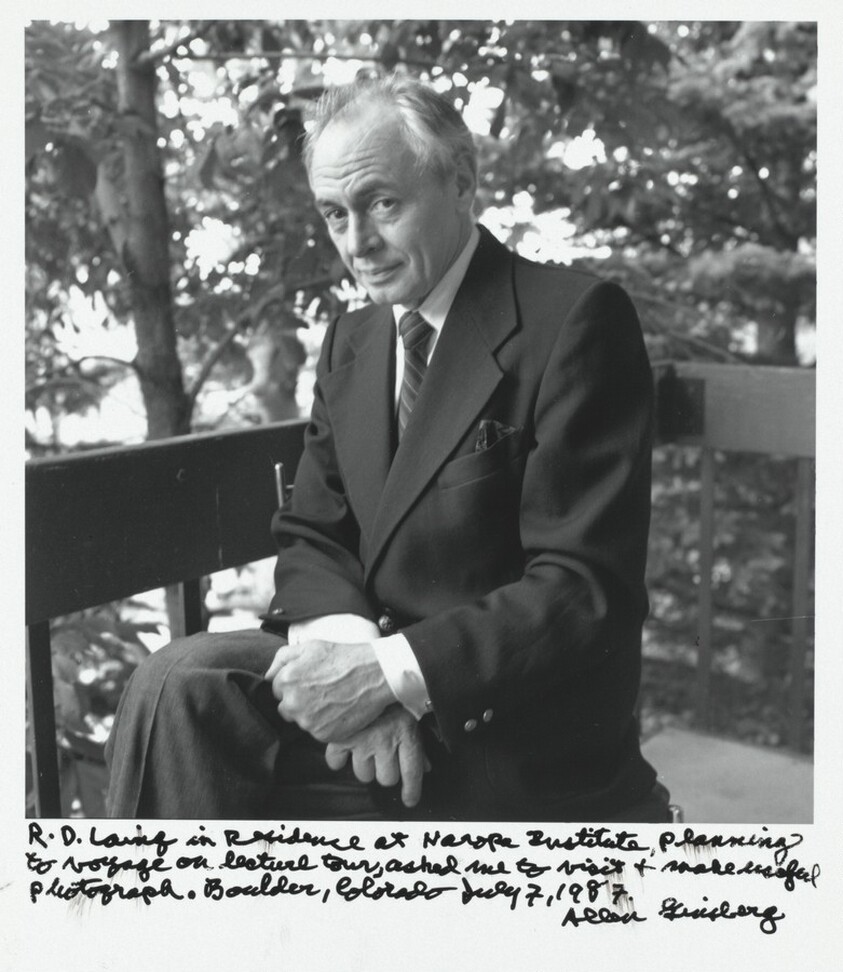R.D. Laing in residence at Naropa Institute, planning to voyage on lecture tour, asked me to visit and make useful photograph. Boulder, Colorado July 7, 1987.