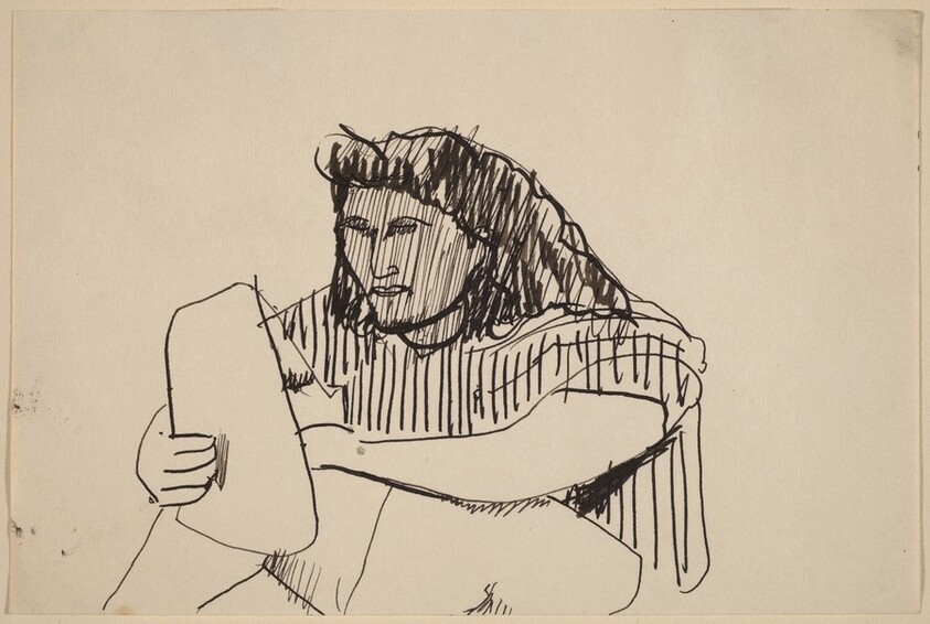 Seated Woman in Striped Shirt Holding Pad of Paper