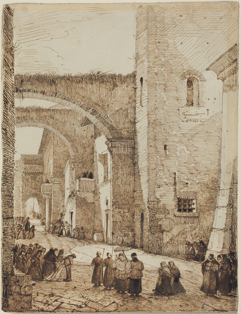 A Priest Processing through a Medieval Street in Viterbo